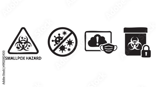 Smallpox hazard symbol and icons representing viral infection and protective measures