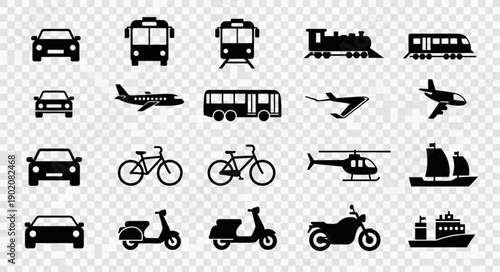 Collection of Transportation Icons Silhouettes on Transparent Background.
