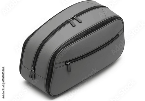A sleek, dark grey, zippered toiletry bag viewed from above on a plain white surface