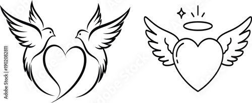 Valentine's Day Love Hearts with Doves and Angel Wings, Romantic Symbols