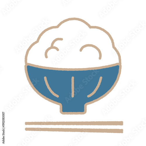 青い茶碗に盛られた白ごはんのシンプルなイラスト