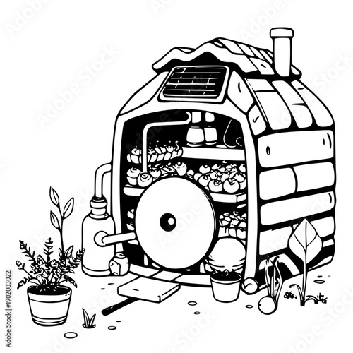 Hand drawn line art illustration of a smart solar-powered food storage house or greenhouse with shelves of produce. Sustainable living, off-grid technology, and organic farming concept vector isolated