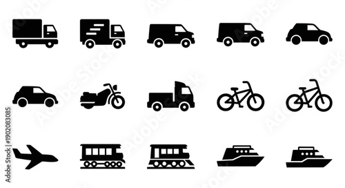 Collection of transportation icons in black silhouette.