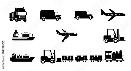 Collection of transportation icons showing different modes of transport.