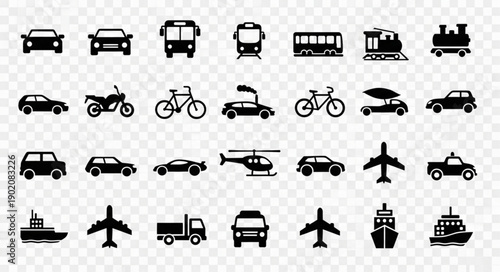 Collection of transportation icons representing various vehicles.