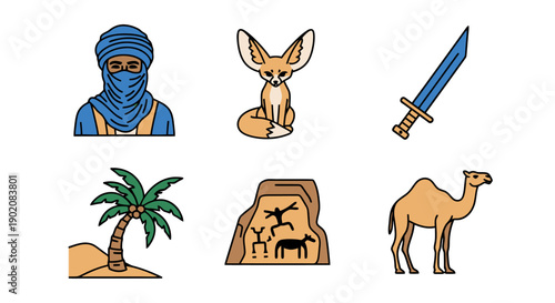 A desert scene featuring a person in traditional clothing, a kangaroo, a sword, a palm tree, an ancient tomb, and a camel from a straight-on viewpoint.