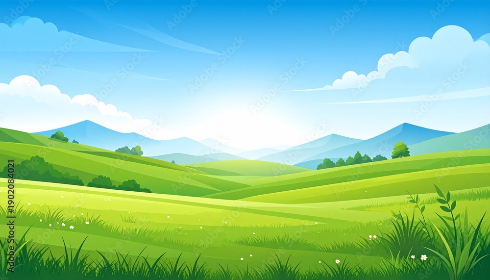 Obraz premium Vibrant green rice field landscape with blue sky and mountains summer nature scenery