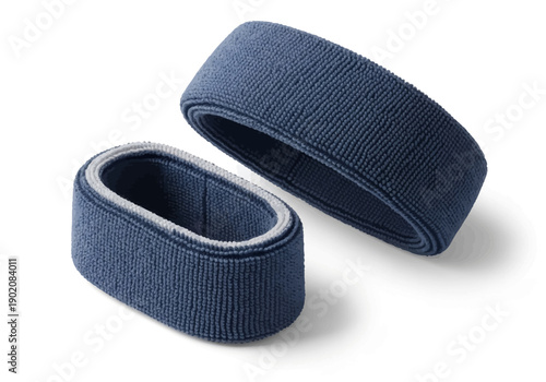 Two blue fabric wristbands displayed on a plain white surface from a slightly angled viewpoint