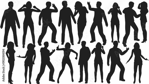 Black silhouettes of people expressing emotions and actions in various poses on white background