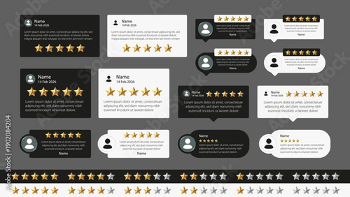 Customer Review Testimonial UI Set with Five Star Rating Cards, User Feedback Comments Design for Product Promotion and Website Interface Vector Illustration
