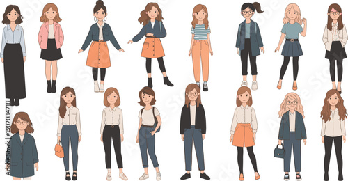 Stylish young women characters set wearing casual outfits modern female fashion cartoon vector