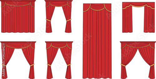 Red theater stage curtains set with different drapery and valance designs vector illustration