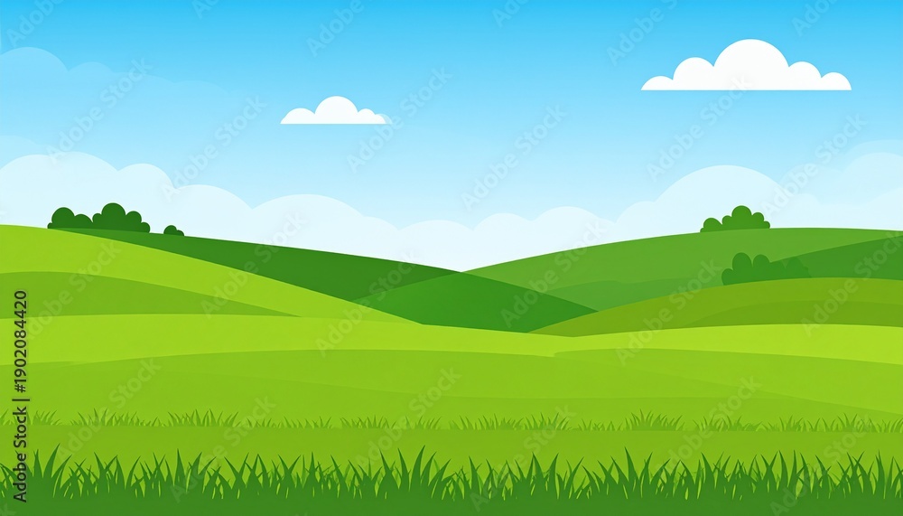 Fototapeta premium Vibrant green rice field landscape sunny day clear blue sky agriculture nature