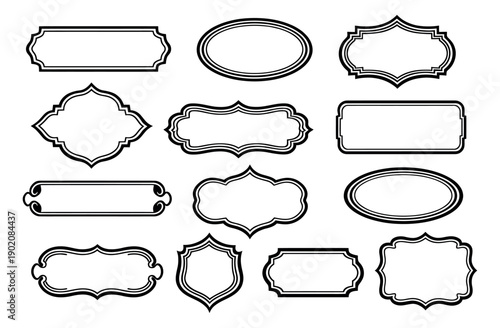 Vintage line art frames and labels set featuring classic ornamental shapes and double line borders for elegant design and text decoration