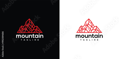 Geometric Mountain Logo Design - Red Outline Black  White Backgrounds.