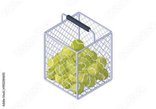 Tennis balls overflowing from a wire basket with a black handle on a white surface viewed from above