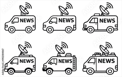 News Van Icon Set. Broadcast News Van Collection. News Van and Journalism Icons – Broadcast and Journalism Line Icons
