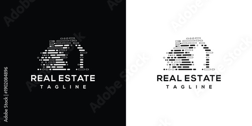 Modern Real Estate Logo Abstract House Design with Text Elements.