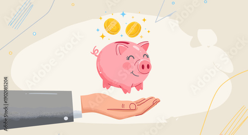 A hand holding a piggy bank with coins floating above it.