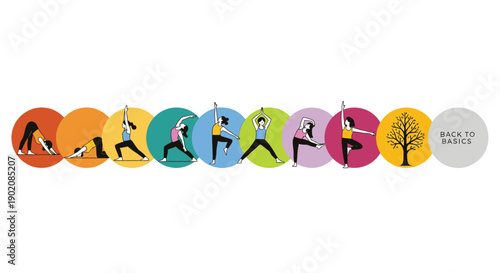 Colorful silhouettes of people exercising in different poses and activities.