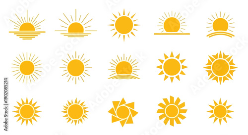 A collection of 15 stylized sun icons, featuring various designs of the sun rising or setting over a horizon, with different ray patterns and abstract representations.