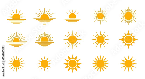 Collection of stylized sun icons, representing sunrise, sunset, and midday sun with radiating beams.