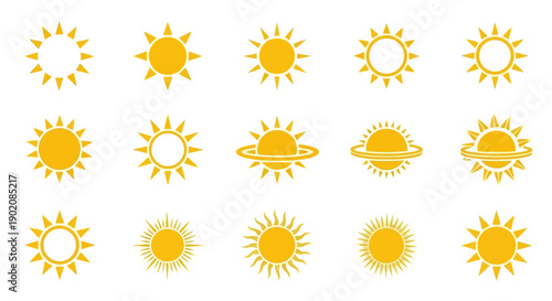 A collection of 15 stylized yellow sun icons with varying ray designs and some with planetary rings, presented on a white background.