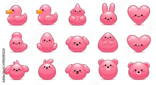 A collection of cute, pink, cartoon-style gummy candy shapes including animals and hearts.