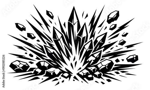 Graphic line art illustration of crystals depicting an explosive burst for abstract design