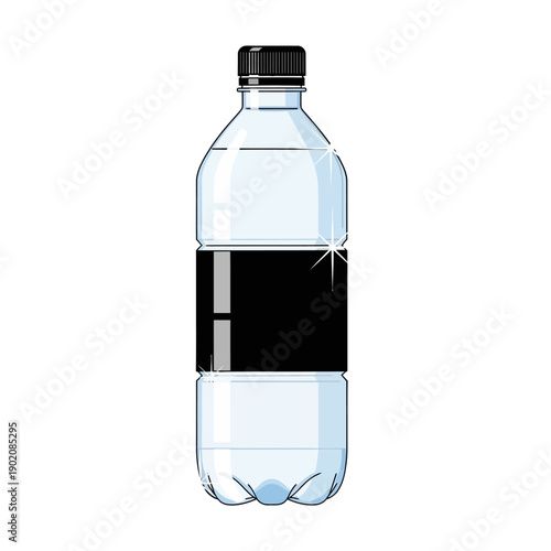 A clear plastic bottle filled with clear liquid and a black label, isolated on a white background.