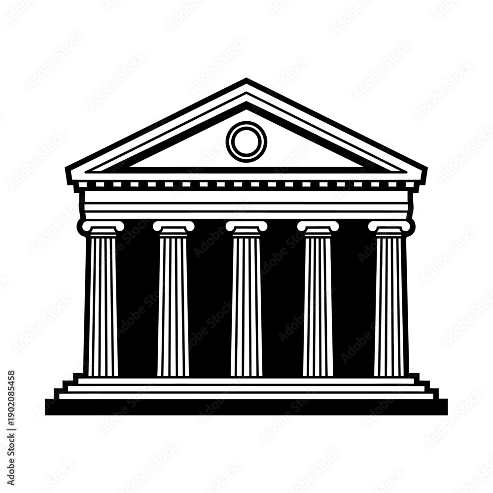 Obraz premium A black and white illustration of a classical building with columns and a triangular pediment.