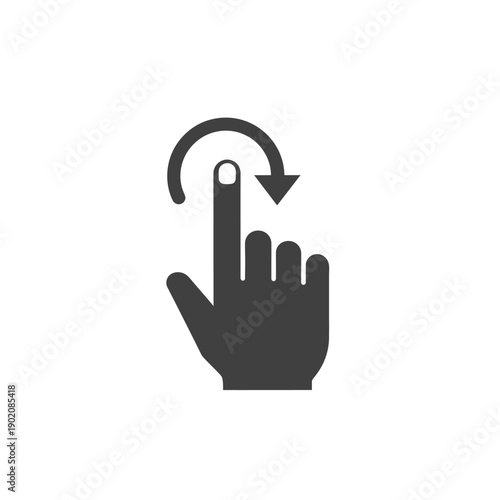 A dark gray icon depicting a human hand with the index finger pointing upwards and a curved arrow indicating a clockwise rotation gesture.