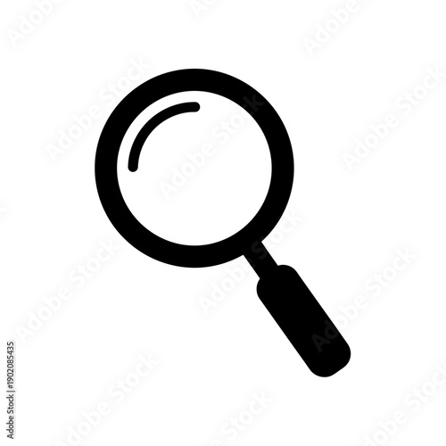 A simple black and white icon of a magnifying glass, representing search and discovery.