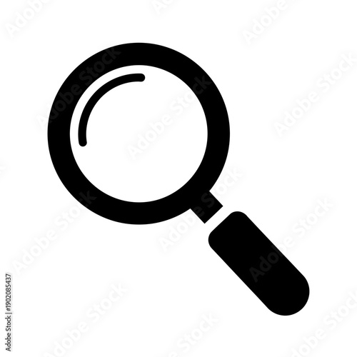 A simple, bold black icon of a magnifying glass, representing search and discovery.
