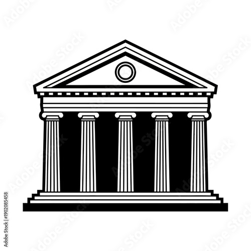 A black and white illustration of a classical building with columns and a triangular pediment.