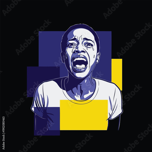 Screaming woman vector portrait in emotional blue and yellow pop art style