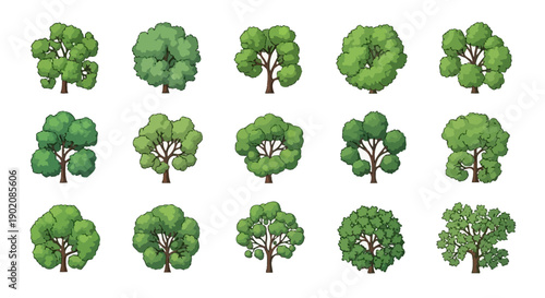 A collection of 15 stylized illustrations of various deciduous trees viewed from directly above, showcasing different shapes and green foliage.