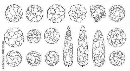 Collection of stylized top-down and side-view illustrations of various trees and shrubs, rendered in a black and white line art style.