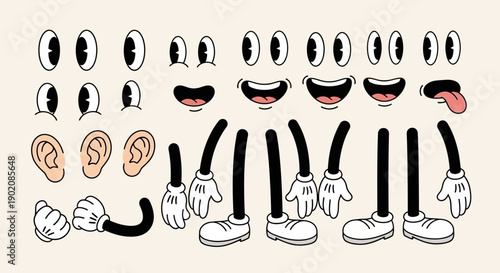 A collection of cartoon character body parts, including eyes, mouths, ears, arms, and legs, in a vintage animation style.