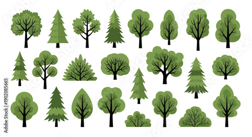 A diverse collection of stylized green trees and bushes, presented in a flat design illustration style.