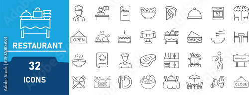 Restaurant and Food Service Line Art Icon Set .Contains icon related to Dining, Menu, Chef, Cooking, Cafe, Table Service, Kitchen, Takeaway and more.Editable Stroke Outline Icons Collection