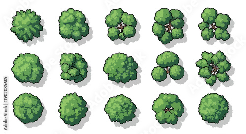A collection of fifteen pixel art illustrations of trees viewed from directly above, showcasing various shapes and densities of green foliage.