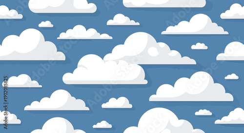A vibrant, flat design illustration of a clear blue sky filled with numerous fluffy white cumulus clouds of varying sizes.