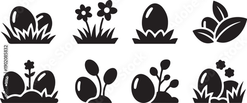 Collection of black silhouette icons featuring Easter eggs nestled in grass with small plants and flowers