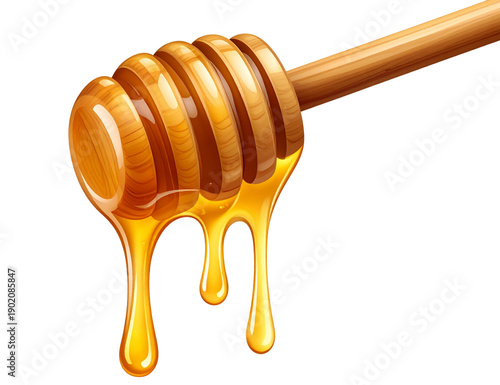 Golden Honey Dripping from Wooden Honey Dipper, Vertical Flow, Natural Food Concept, Isolated