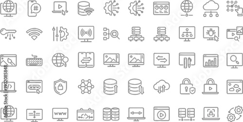 Technology and Network Icons: Connectivity, Data Transfer, and Internet Symbols for IT, Cloud Computing, and Web Services