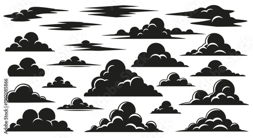Collection of diverse black cloud silhouettes against a white background, showcasing various shapes and sizes.