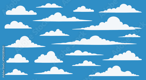 A vibrant blue sky filled with a variety of fluffy white clouds, depicted in a clean, modern, flat illustration style.