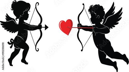 Cupid Silhouettes Shooting Arrows at Heart, Valentine's Day Love Symbol