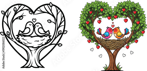 Valentine's Day Love Birds in Heart Tree Nest, Romantic Romance Symbol
